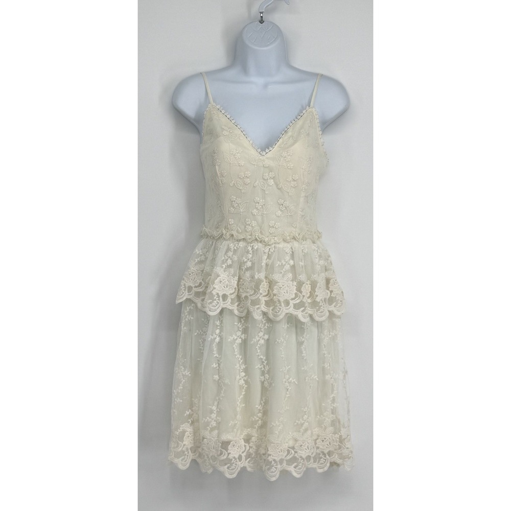 Women Ivory Lace Dress M Cottage Core Peplum Slip Sundress Romantic Festival